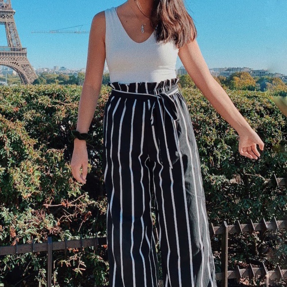Black and white striped paper bag pants